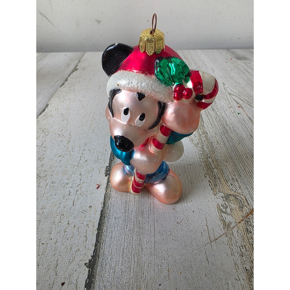 vintage santas best Mickey candy cane glass ornament glitter Xmas tree blue red